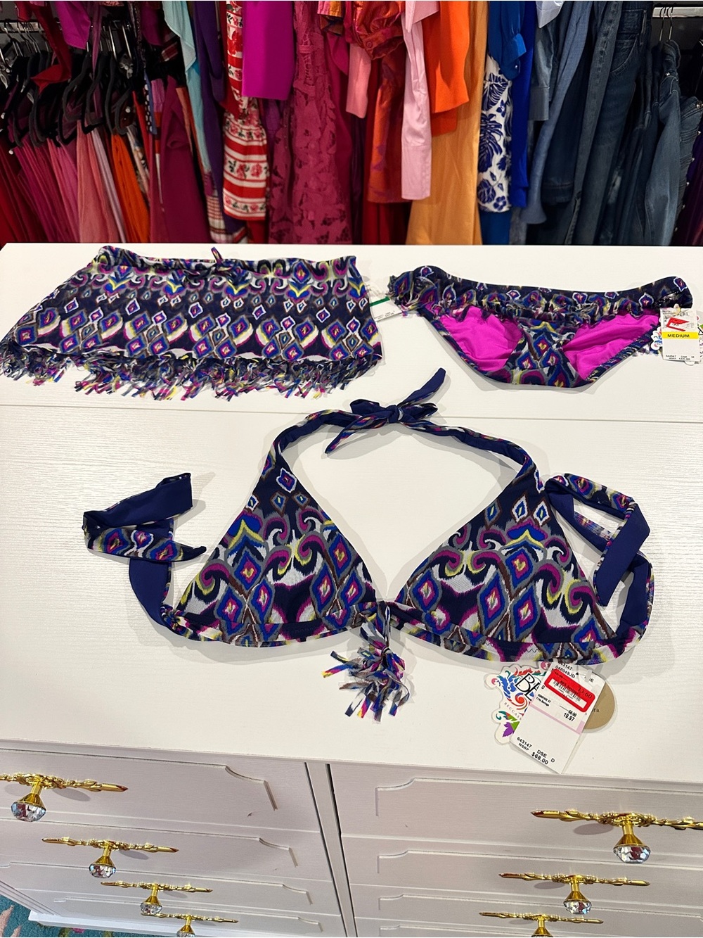 BECCA Navy Multicolor Printed Bikini Set with Fringe Skirt